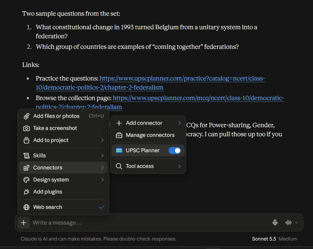 Claude's chat connector menu with UPSC Planner enabled, above a reply containing sample questions and practice links