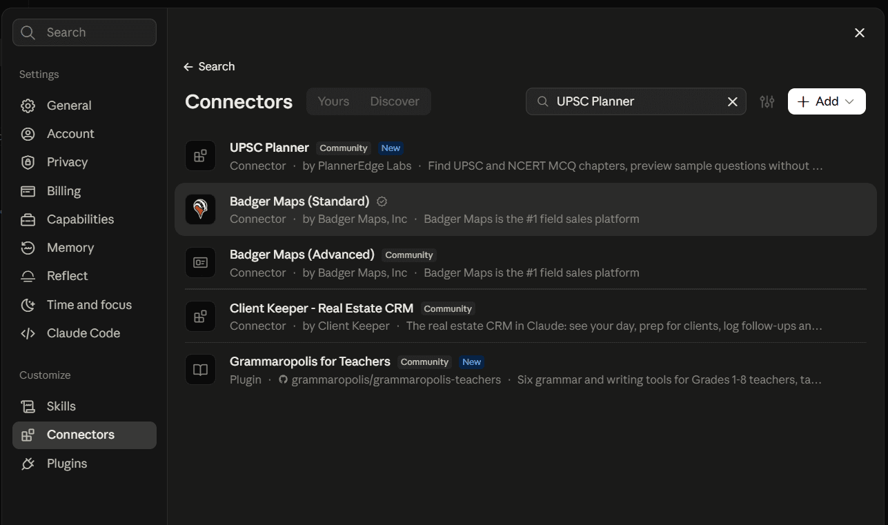 UPSC Planner listed as a Community connector in Claude's Discover tab