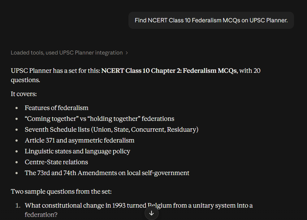 Claude using the UPSC Planner tool to find NCERT Class 10 Federalism MCQs with sample questions